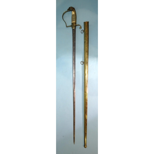 392 - An American officer's sword, the 75cm blade engraved with devices, canon and lances, the brass guard... 