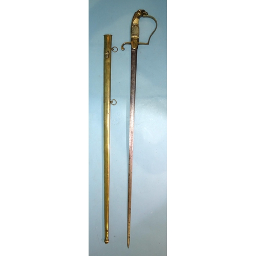 392 - An American officer's sword, the 75cm blade engraved with devices, canon and lances, the brass guard... 