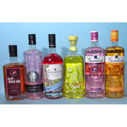 502 - Flavoured gin: Gordons Mediterranean Orange (x1), Premium Pink (x1), Puerto de Indias Strawberry (x1... 