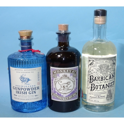 503 - Monkey 47 Gin (x1) 47%, Gunpowder Irish (x1), 43% and Barbican Botanist (x1), 45% 50cl, (3).... 