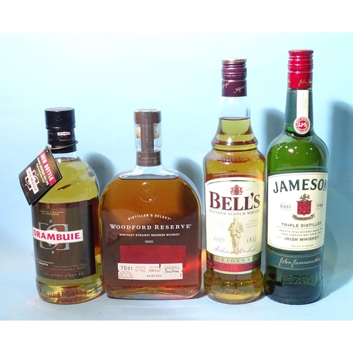 505 - Jameson Irish Whiskey (x1) 40% 70cl, Bells Original (x1) 40% 70cl, Woodford Reserve Bourbon (x1) 43.... 