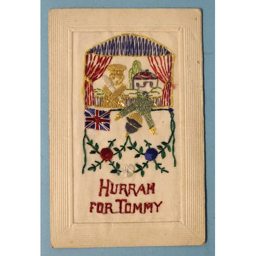 89 - Nine WWI silk postcards, including a 'Punch and Judy' show 