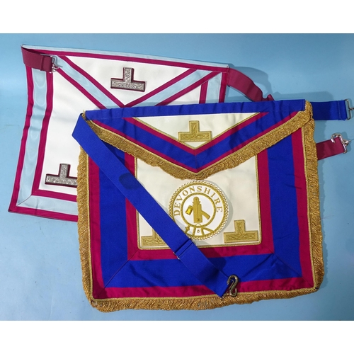 207 - Masonic, a collection of Devon Mark Master Masonic regalia: aprons, collar ties and collar jewels an... 