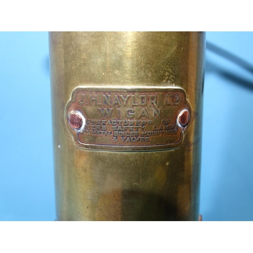 389 - J H Naylor Ltd, Wigan, a brass and iron miner's safety lamp engraved D T Owen, 37cm high (including ... 