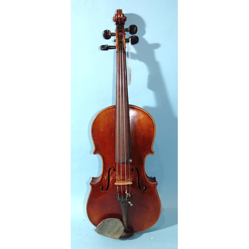 480A - An early-20th century full-size violin with two-piece back, with two bows, in case.