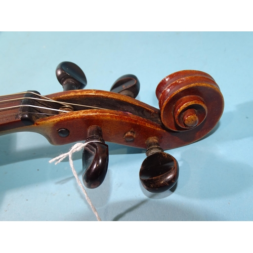 480A - An early-20th century full-size violin with two-piece back, with two bows, in case.