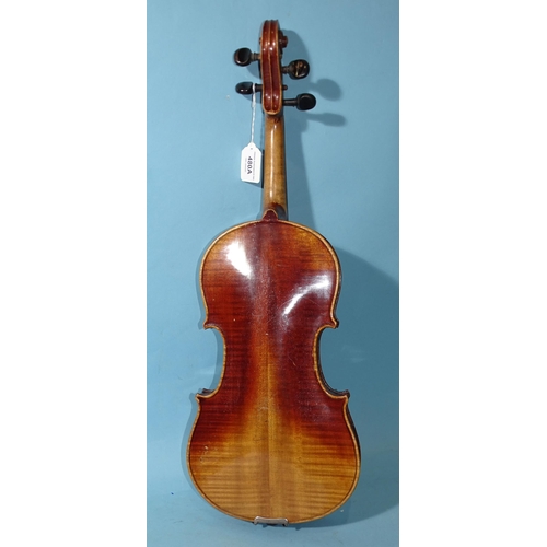 480A - An early-20th century full-size violin with two-piece back, with two bows, in case.