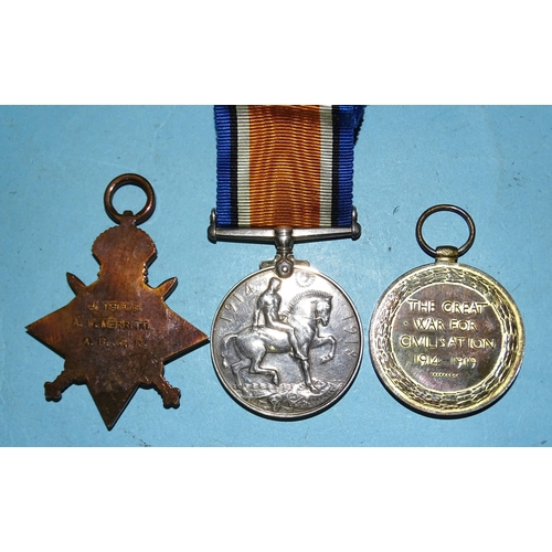 182 - A WWI trio, British War Medal, Victory Medal and 1914-18 Star awarded to J19608 A W Merritt AB RN.... 