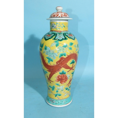 219 - A 19th century Chinese famille verte yellow-ground 'Dragon' vase and cover, character mark to base, ... 