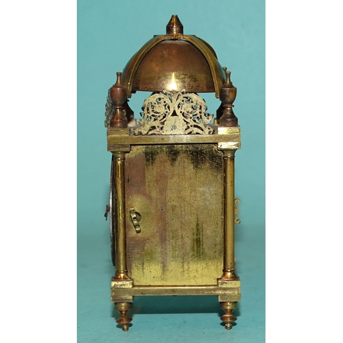 56 - A miniature lantern clock, appears to be constructed from watch parts, in scratch-built wood case, 8... 