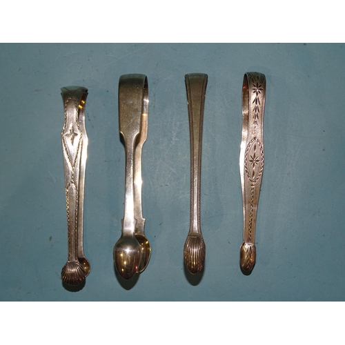 584 - Two pairs of Georgian bright-cut silver sugar tongs and two others, various dates, ___5oz, (4).... 