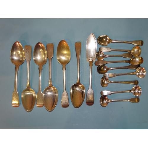 594 - A collection of six 18th/early-19th century silver fiddle pattern dessert spoons, eight mustard spoo... 