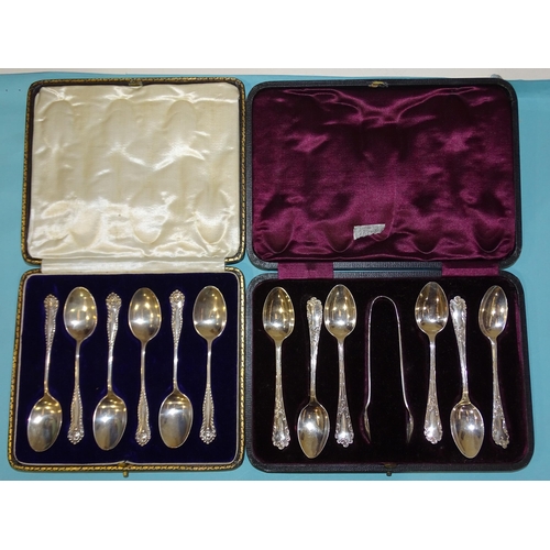 602 - A cased set of six silver teaspoons and sugar tongs, Sheffield 1905 and a cased set of six silver te... 