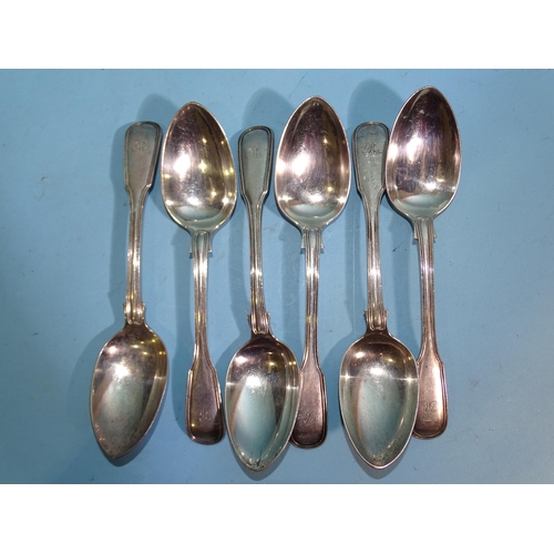 616 - A set of six Victorian silver fiddle and thread pattern dessert spoons, Exeter 1862, maker Edward Ra... 