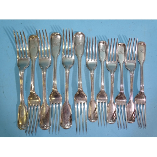 617 - A set of six Victorian silver fiddle and thread pattern table forks and a set of six similar dessert... 