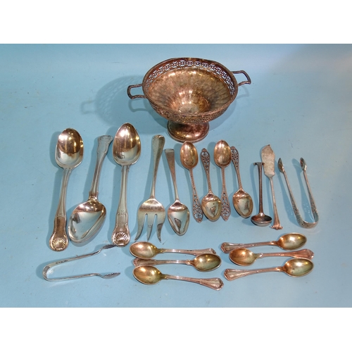 628 - Three fiddle, thread and shell pattern dessert spoons, London 1817, various Victorian and later flat... 