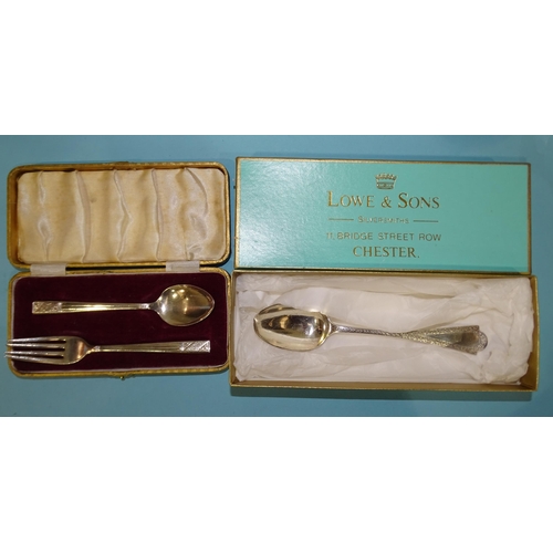 637 - A christening spoon and fork in case, Sheffield 1958 and a Victorian dessert spoon, London 1876, ___... 