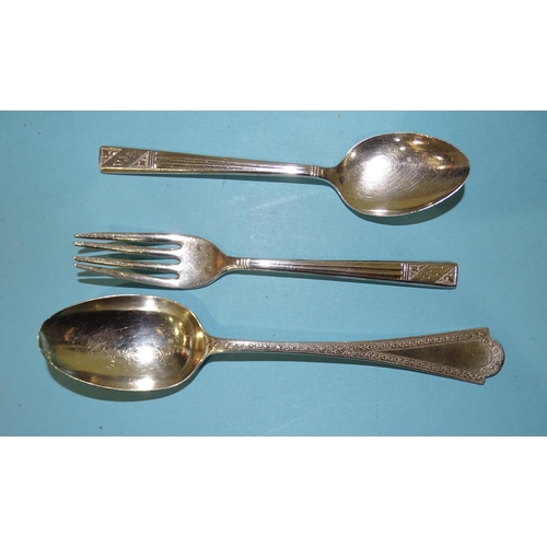 637 - A christening spoon and fork in case, Sheffield 1958 and a Victorian dessert spoon, London 1876, ___... 