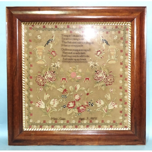 70 - A large mid-Victorian needlework sampler worked a morbid rhyme surrounded by sprays of flowers, bird... 