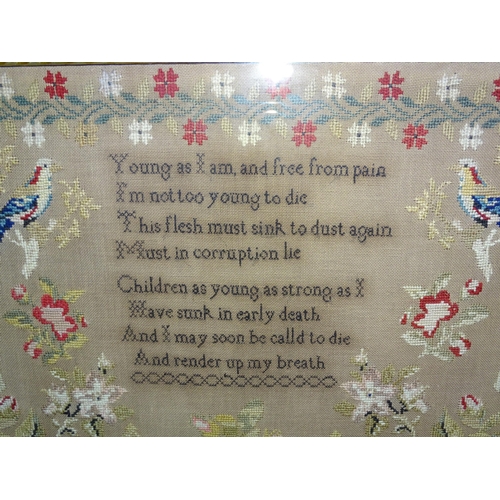 70 - A large mid-Victorian needlework sampler worked a morbid rhyme surrounded by sprays of flowers, bird... 