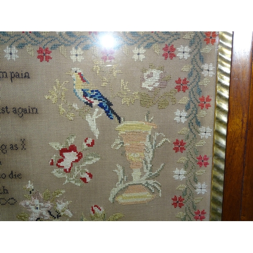 70 - A large mid-Victorian needlework sampler worked a morbid rhyme surrounded by sprays of flowers, bird... 