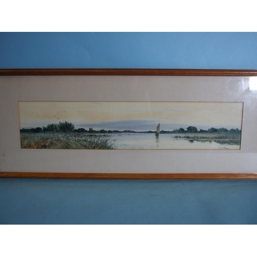 82 - Robert Winter Fraser (1848-1906) RIVERSCAPE Signed watercolour, 11.5 x 53.5cm.