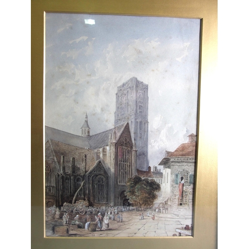 88 - W Searle (British, 19th century) FIGURES OUTSIDE A CONTINENTAL CATHEDRAL CHURCH Signed watercolour, ... 