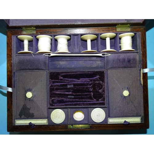 67 - An early-19th century rosewood and mother-of-pearl-inlaid sewing box, the fitted interior with some ... 