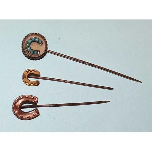 230 - A Victorian stick pin with turquoise-set horseshoe, on circular chalcedony plaque, unmarked and two ... 