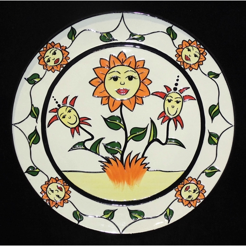 190 - Lorna Bailey, a studio ceramic sunflower-decorated framed charger, no.23/25, 30cm diameter, factory ... 