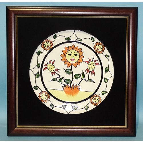 190 - Lorna Bailey, a studio ceramic sunflower-decorated framed charger, no.23/25, 30cm diameter, factory ... 