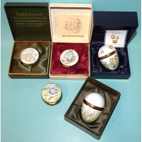 180 - Crummles & Co, a collection of three Beatrix Potter themed circular enamel pill boxes, (two boxe... 