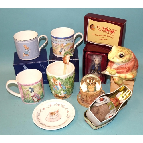 182 - A collection of various Beatrix Potter modern ceramic and other figures, mugs, including Country Art... 