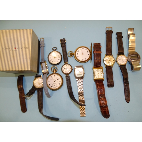 219 - A silver-cased trench watch with inscription on back, (not working), three pocket watches, (not work... 