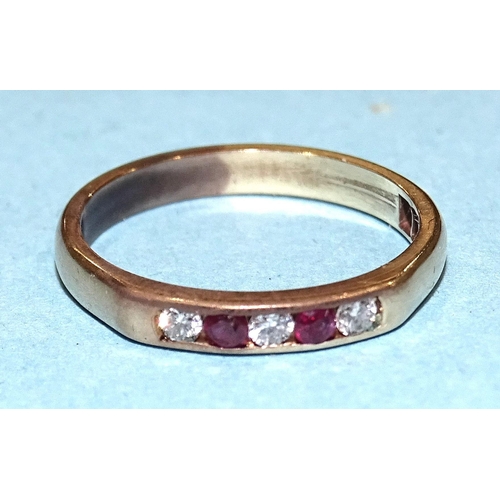 245 - A gold ring channel-set two rubies and three diamonds, unmarked, tests as 14ct approximately, size J... 