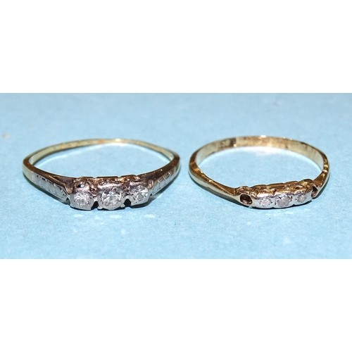 247 - Two 18ct gold rings, each set three 8/8-cut diamonds, (both a/f), sizes L and M, 2.7g.... 