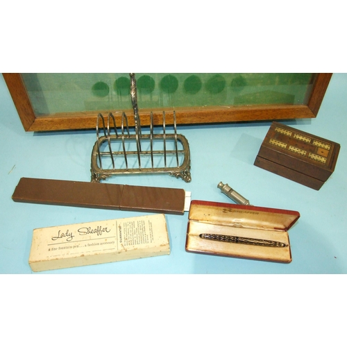 118 - A Lady Sheaffer fountain pen in box and outer case, a plated toast rack, an Emca Boy Scout whistle, ... 