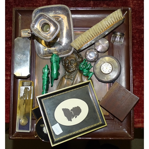 124 - A small collection of silver-topped dressing table items, a copper plaque with relief-pressed bust o... 