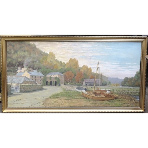 102 - Alan Armstrong, 'Cotehele Quay', an oil on canvas painting depicting buildings, boats and the river ... 