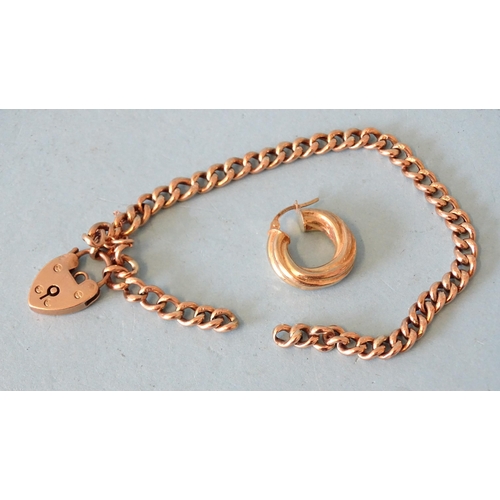 111 - A 9ct gold curb-link bracelet with padlock clasp, (chain broken) and a single earring, 8.5g.... 