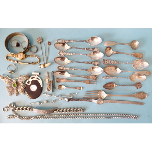 112 - A small quantity of silver cutlery, ___5.3oz, a silver identity bracelet, silver rings and other jew... 