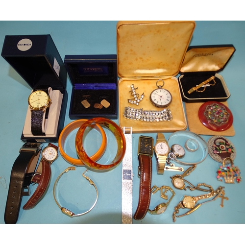 117 - A silver hinged bangle, a silver-cased pocket watch (a/f) and a quantity of watches and costume jewe... 