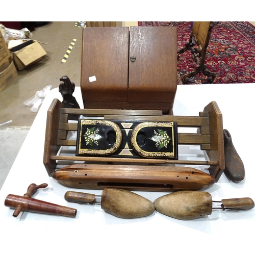 67 - An Edwardian oak stationery box, a Burmese carved wood figure of an elderly woman, 100cm high (a/f),... 