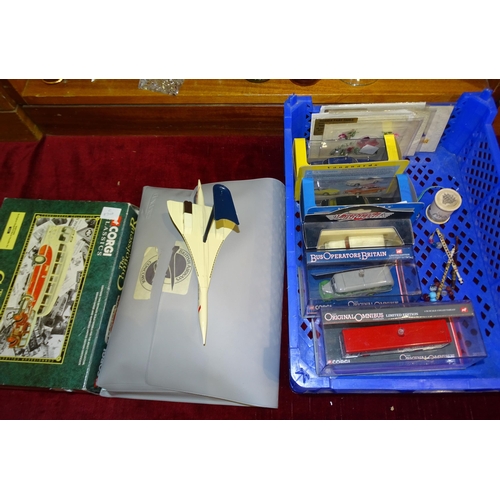 80 - A collection of Concorde souvenir items, three Bucks lace bobbins, various diecast toys and miscella... 