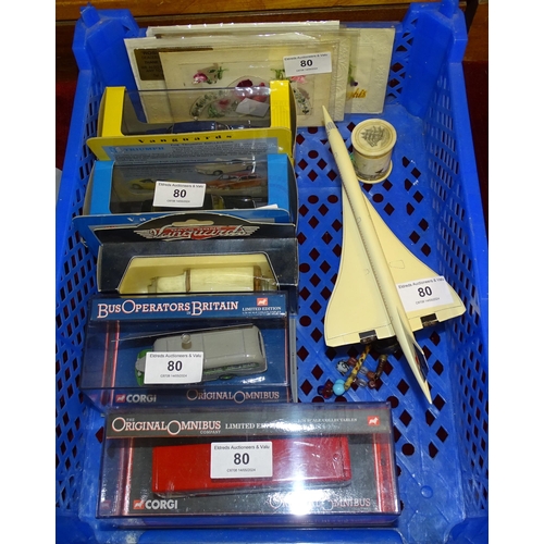 80 - A collection of Concorde souvenir items, three Bucks lace bobbins, various diecast toys and miscella... 