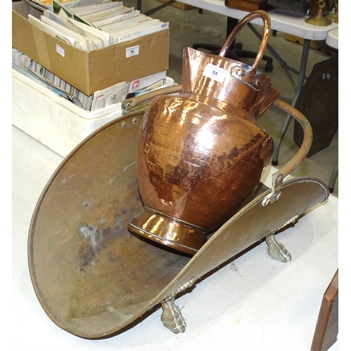 94 - A brass log carrier, a copper pitcher and other metal ware.