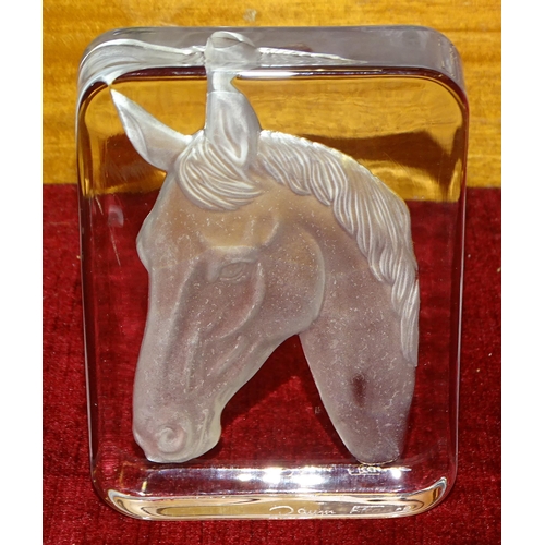 95 - A Daum France glass paperweight depicting a horse's head in relief, 13 x 10cm and a Waterford crysta... 