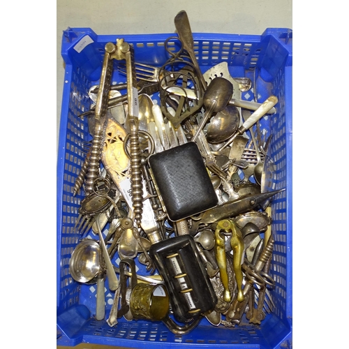 96 - A large pair of plated nutcrackers, various plated cutlery, grape scissors and other items.... 