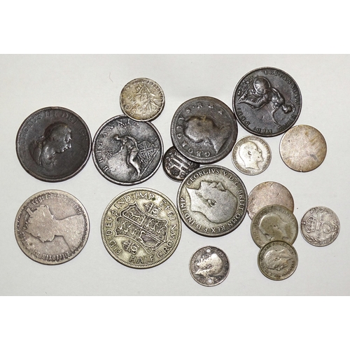 99 - A collection of British and foreign coins, including a George I 1723 half-penny, a George III 1807 h... 