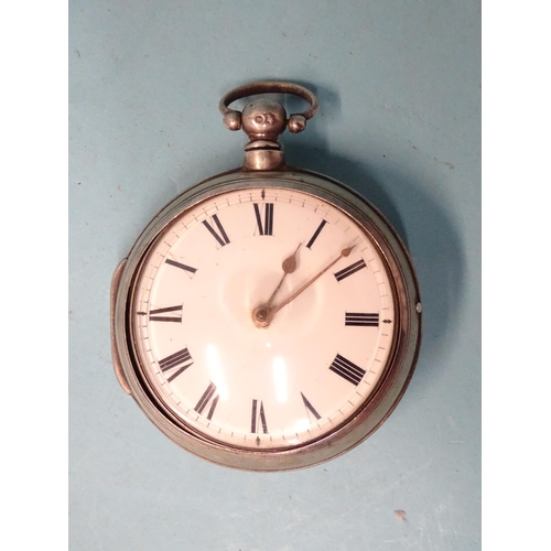 301 - A silver pair-cased verge pocket watch, the white enamel dial with Roman numerals, the movement sign... 